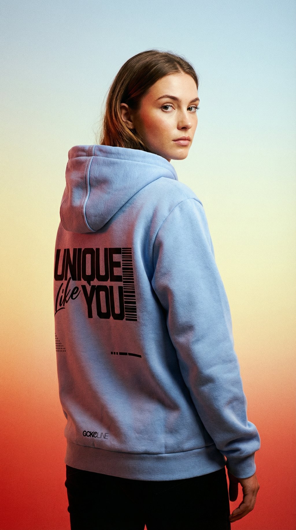 AI product shot of COMFY LADIES HOODIE BABY BLUE – BLACK DESIGN