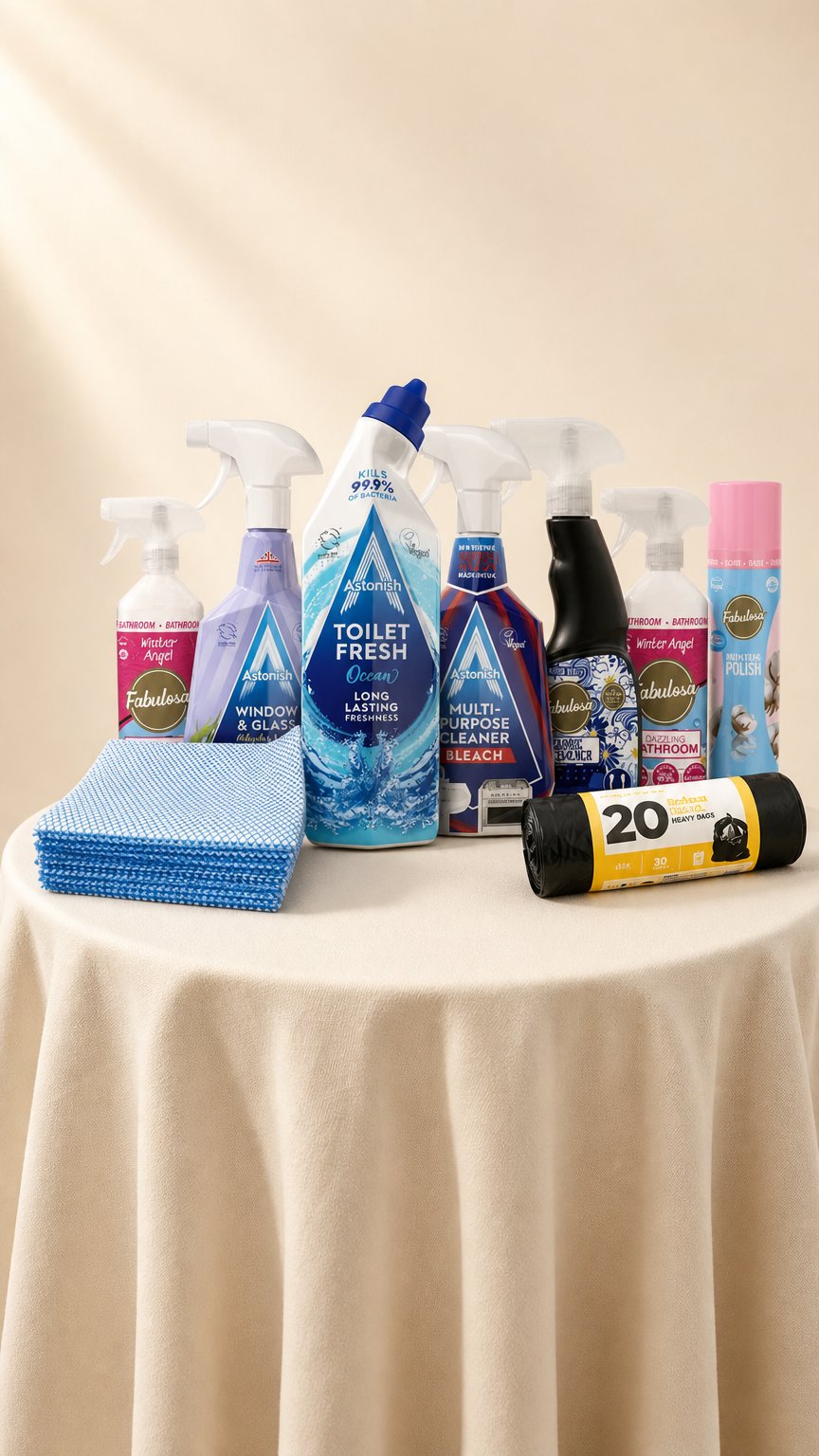 AI product shot of Sunday Blitz Household Cleaning Bundle 9 Piece