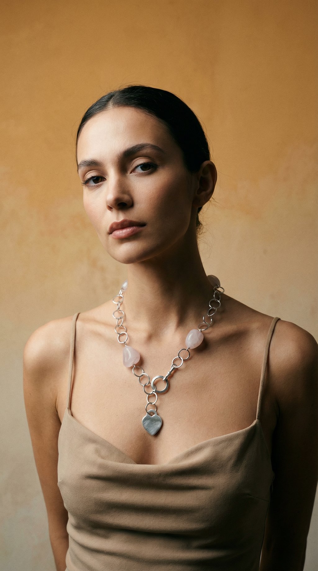 AI product shot of Rose Quartz Necklace with Heart Charms – Sterling Silver