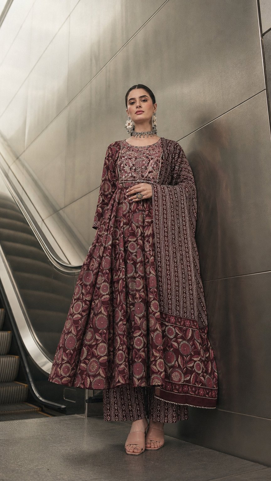 AI product shot of Cotton Printed Embroidered Calf Length Round Neck Anarkali Kurta, Palazzo With Dupatta Set