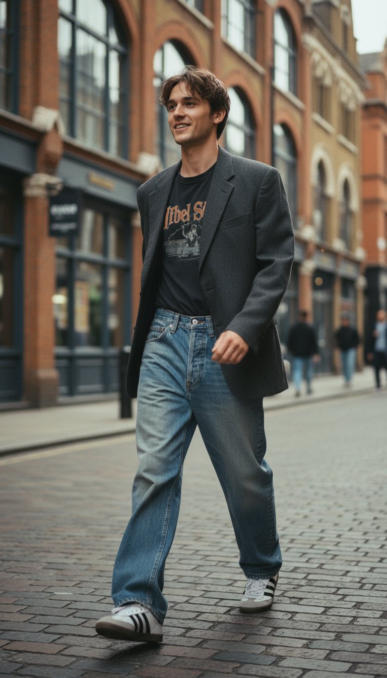 AI product shot of BDG Logan Buckle Baggy Barrel Jean