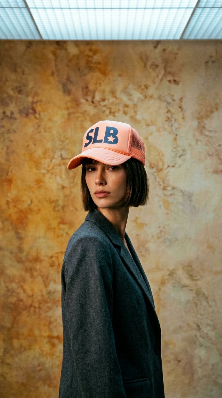 AI product shot of SLB Trucker Hats