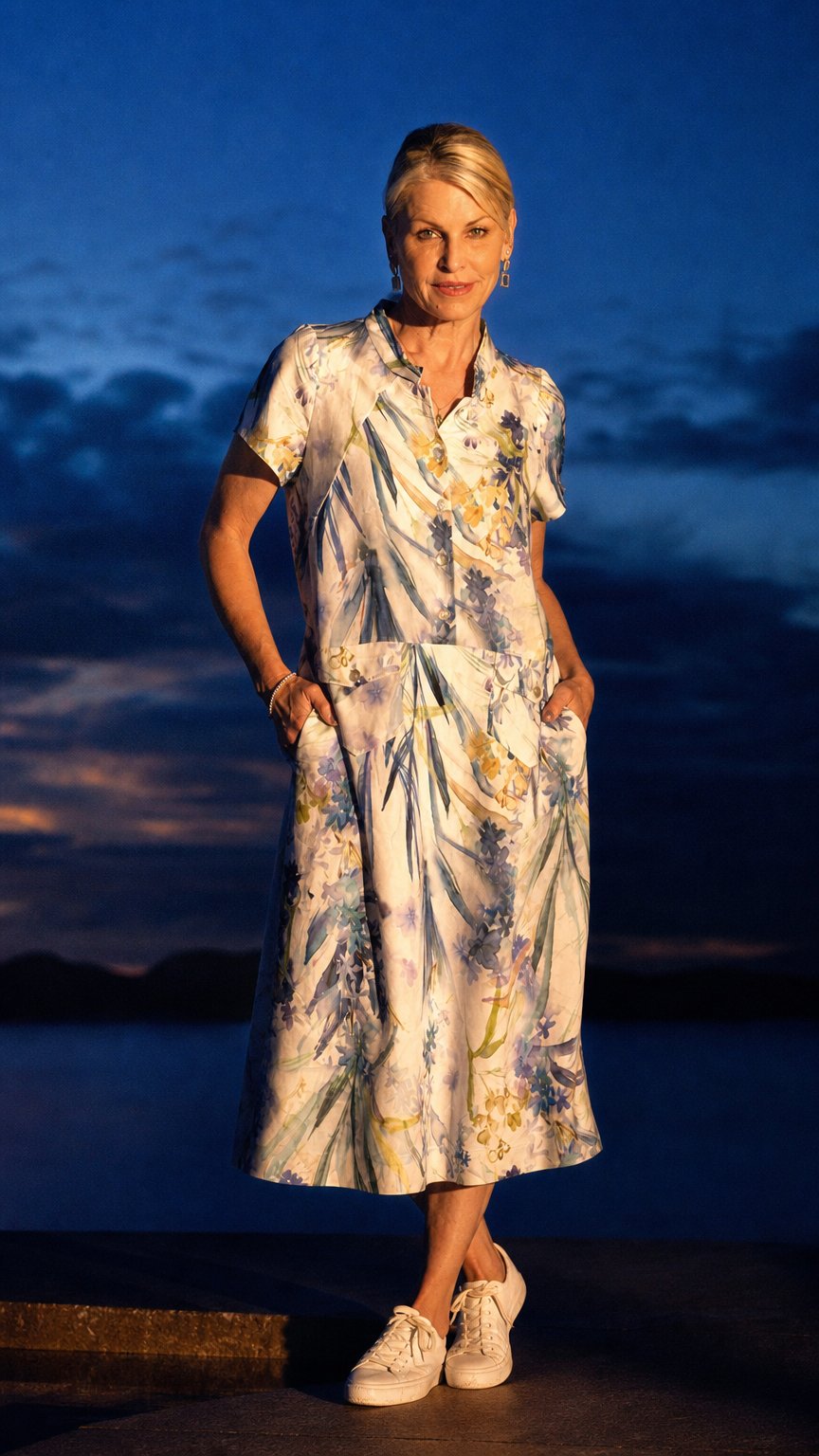 AI product shot of White/Blue Floral Meadow Print Linen Dress with Front Pockets