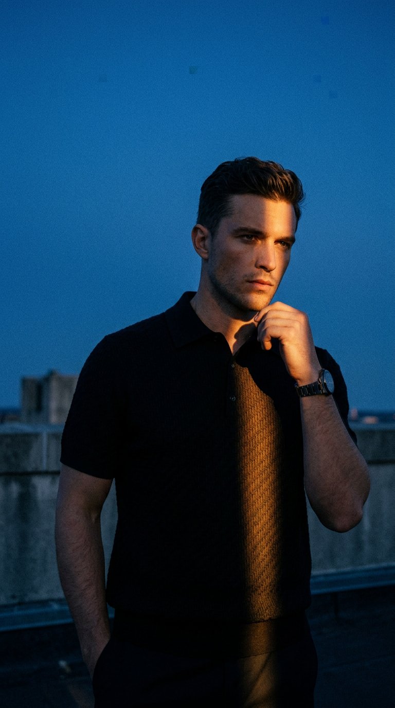 AI product shot of Black cotton, silk and cashmere Trama weave polo
