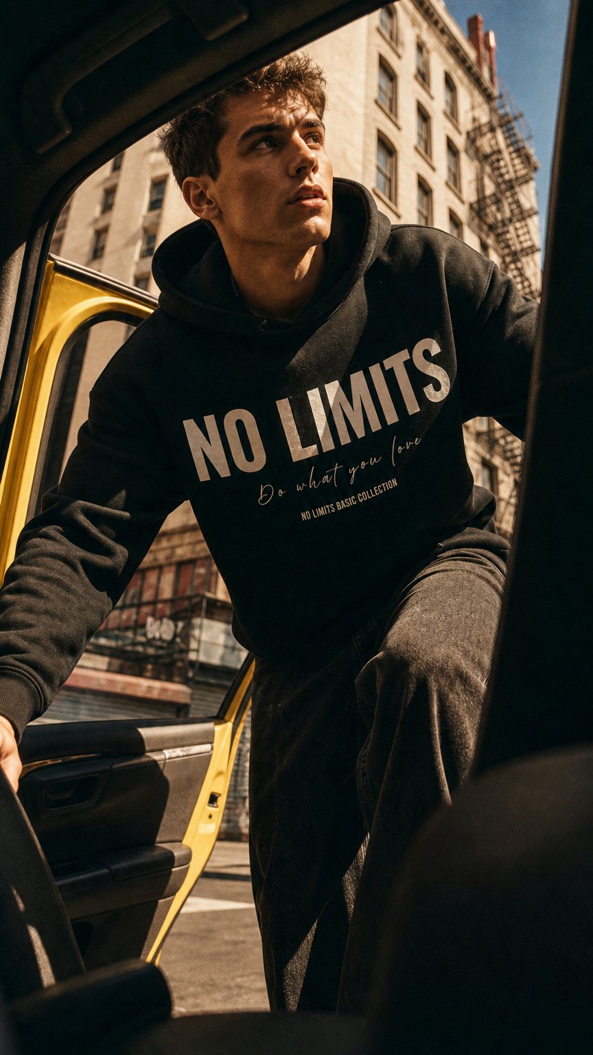 AI product shot of NOLIMITS BASIC HOODIE WHITE PRINT