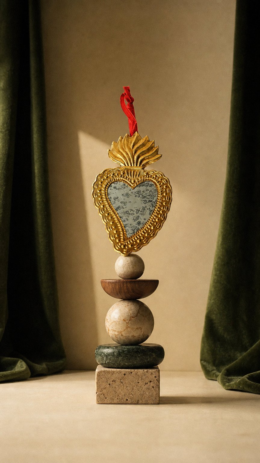 AI product shot of Flaming Ex-Voto Heart Mirror Wall Décor