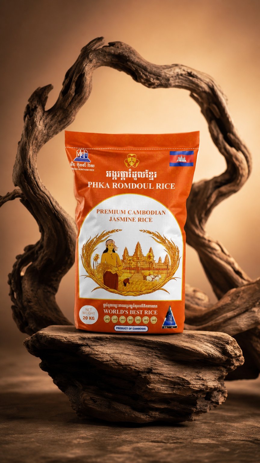 AI product shot of VET PHKA ROMDOUL JASMINE RICE 20 KG