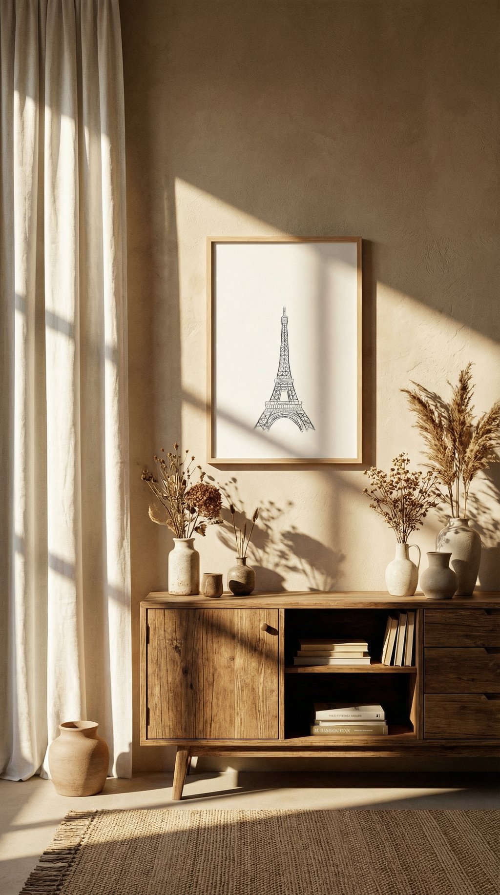AI product shot of Eiffel tower print, printable wall art, minimalist print, black and white Paris