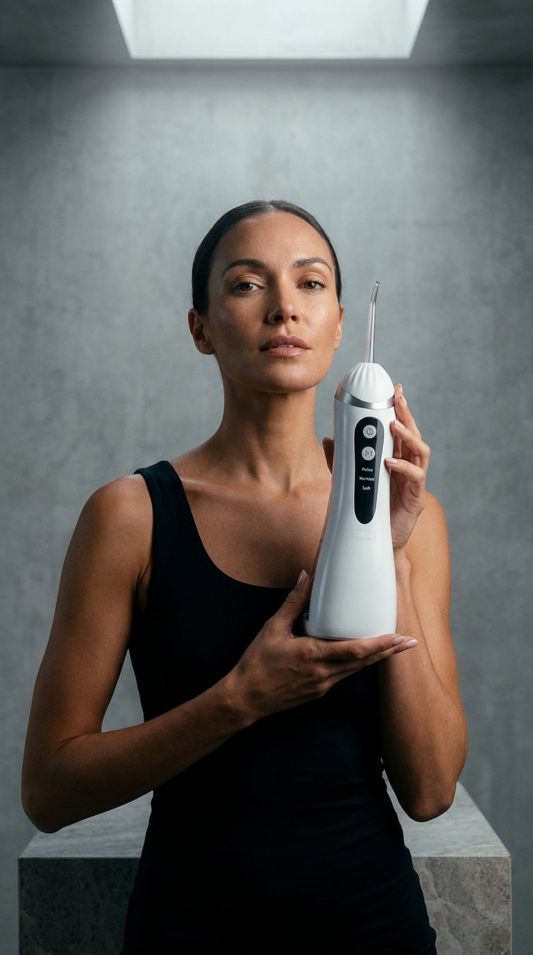 AI product shot of FLOSSD - Portable Waterproof Water Flosser