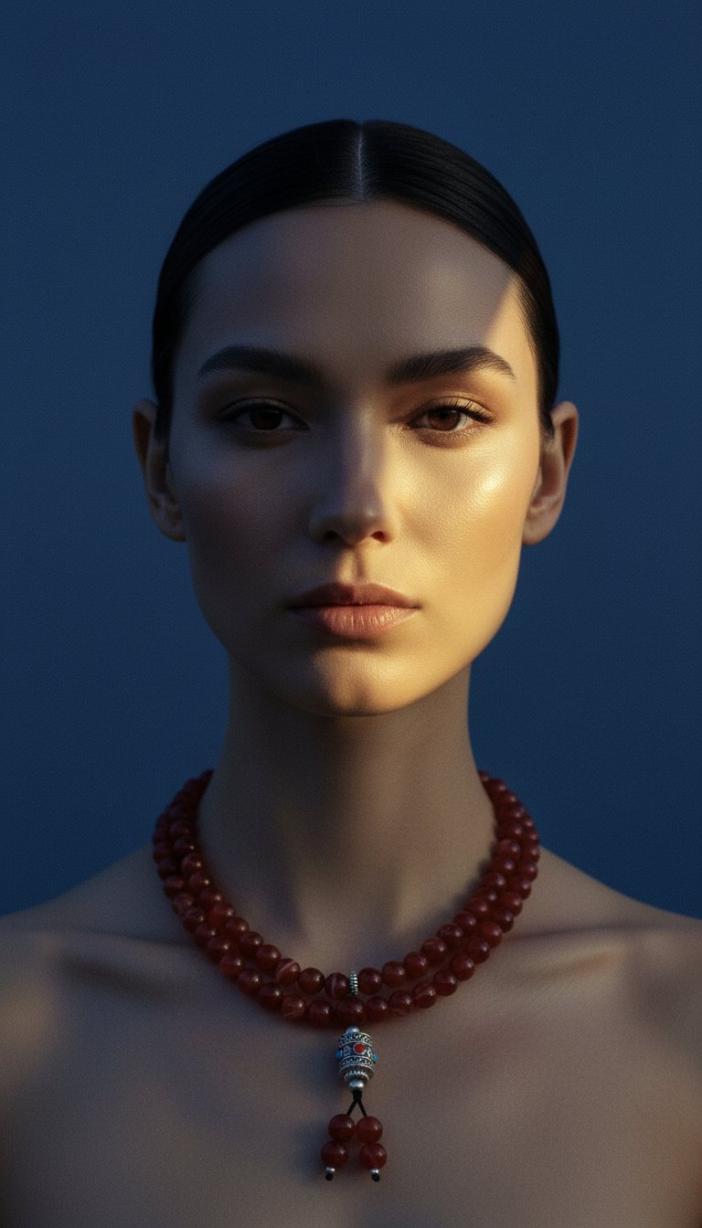 AI product shot of Red Dzi Beads Mala + Free Chant A Mantra Booklet
