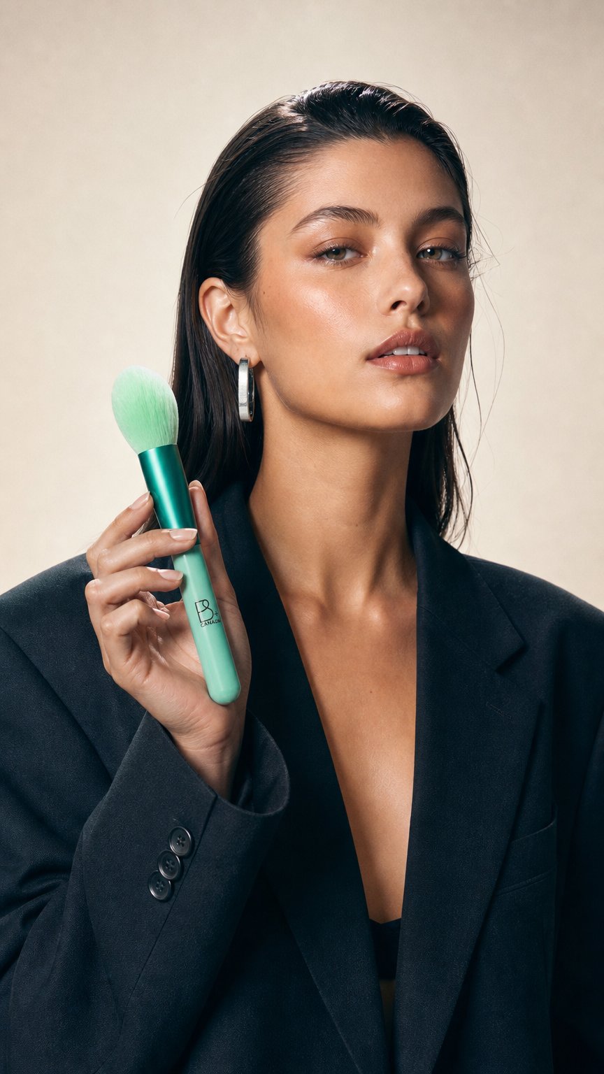 AI product shot of Single Powder Brush + PU Pouch
