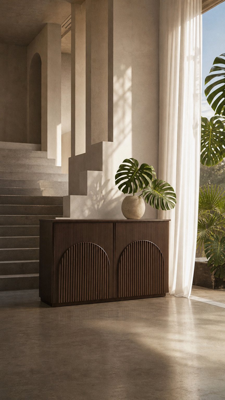 AI product shot of Arched Reeded-Door Walnut-Finish Sideboard