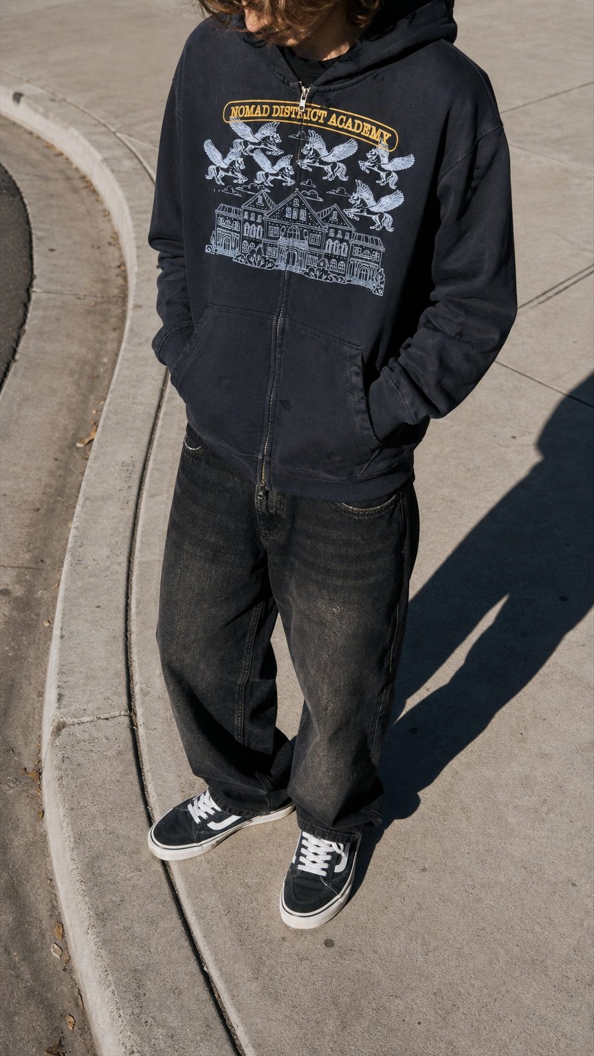AI product shot of Nomad District Academy Zip Up Hoodie Black