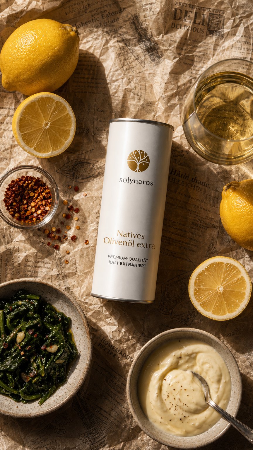 AI product shot of solynaros Natives Olivenöl extra 1 Liter Dose
