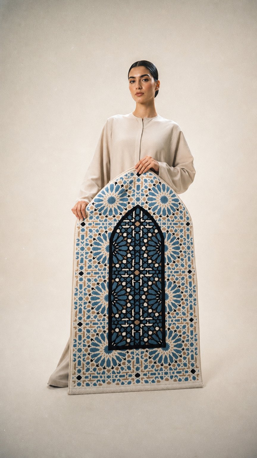 AI product shot of Rawda Collection prayer mat, Mada Carpet