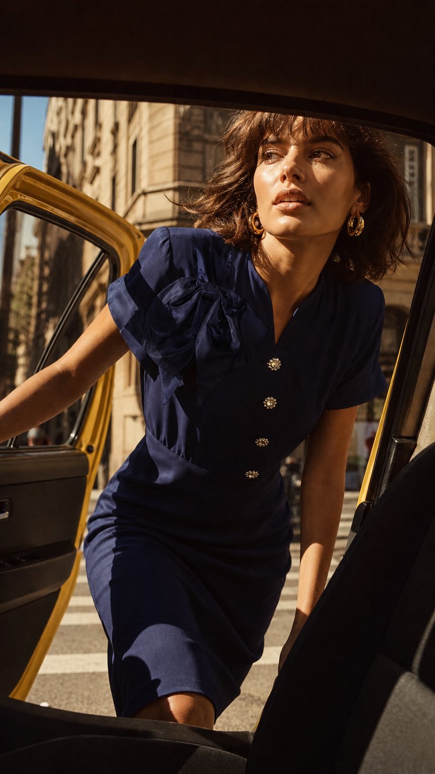 AI product shot of 1950s ‘Miss 54’ Navy Blue Bow Dress | S
