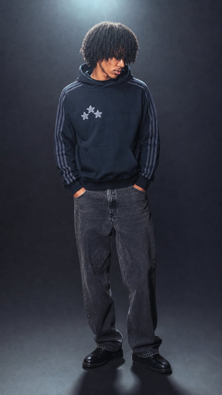 AI product shot of 3 stars black hoodie