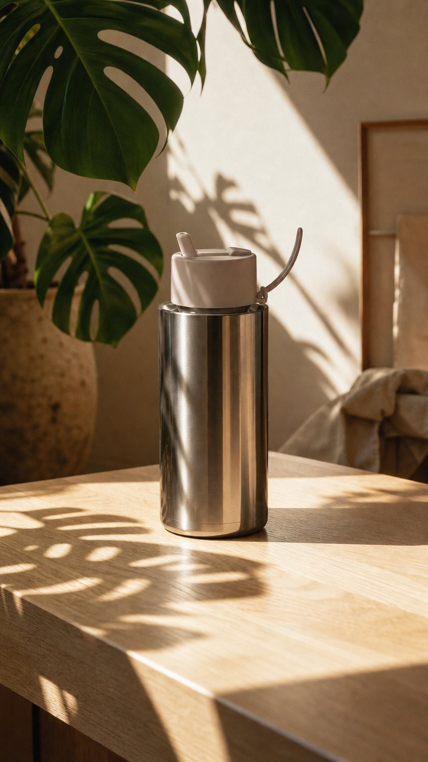 AI product shot of 34oz Chrome Bottle with Flip Straw Lid