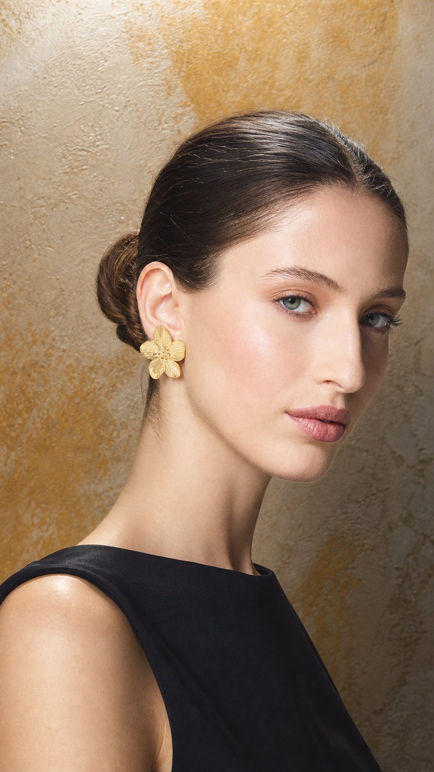 AI product shot of Waterproof Gold Plated Stainless Steel Textured Flower Stud Earrings