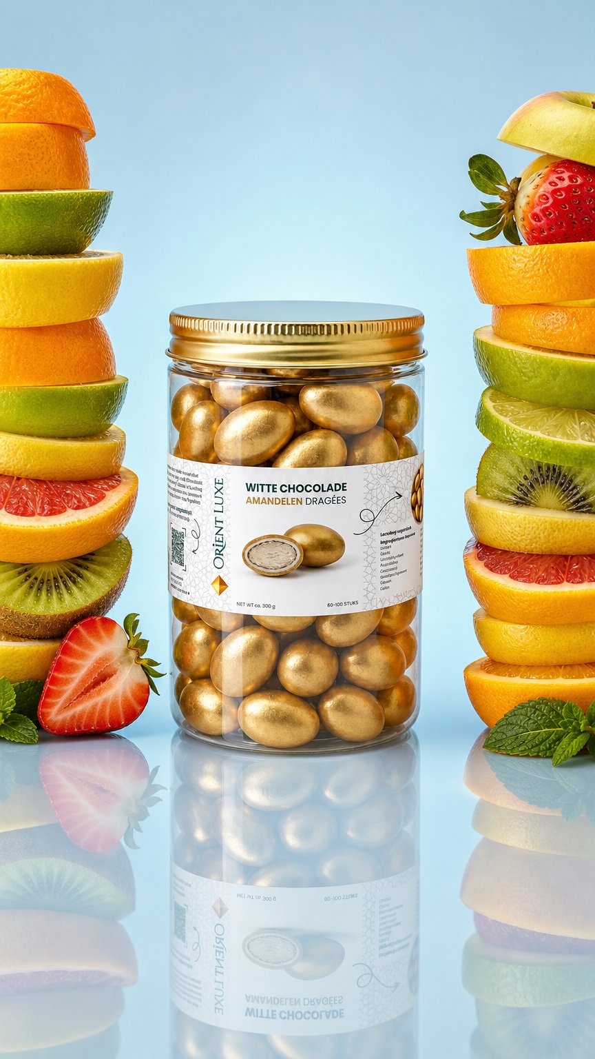AI product shot of Witte Chocolade Amandelen Gouden Dragee 300g