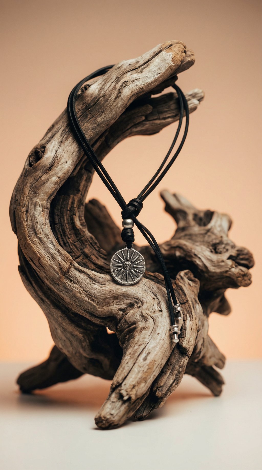AI product shot of Leather necklace with sun coin pendant
