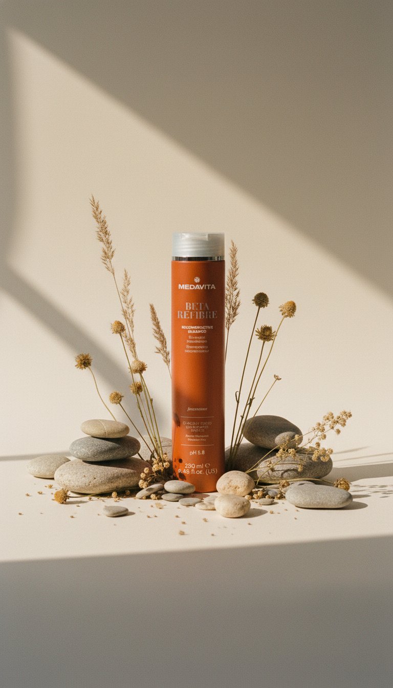 AI product shot of Medavita Beta Refibre Shampoo Ricostruttore capelli rovinati