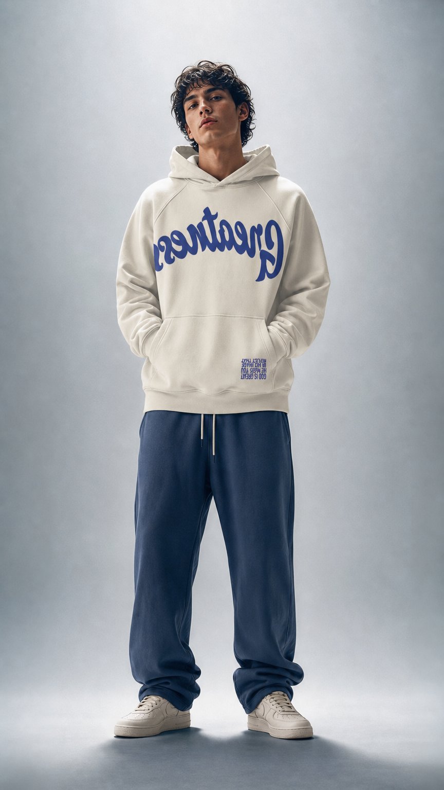 AI product shot of Reflect Greatness, cream and navy