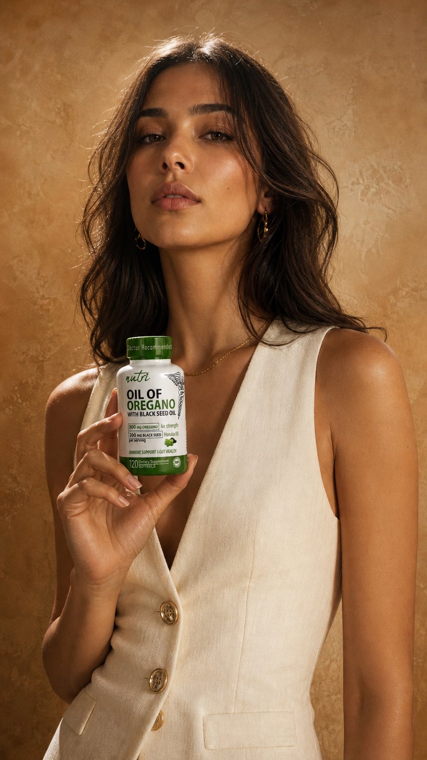 AI product shot of Nutri Oil of Oregano 500 mg (250 mg) softgel, 60 ct