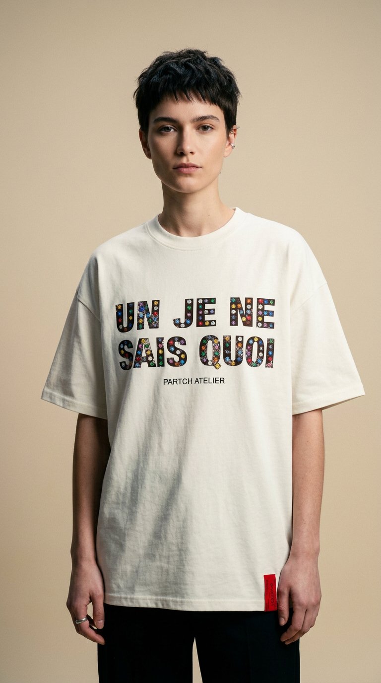 AI product shot of PARTCH Un Je Ne Sais Quoi Crystal Oversized T-Shirt Cream | Limited Edition