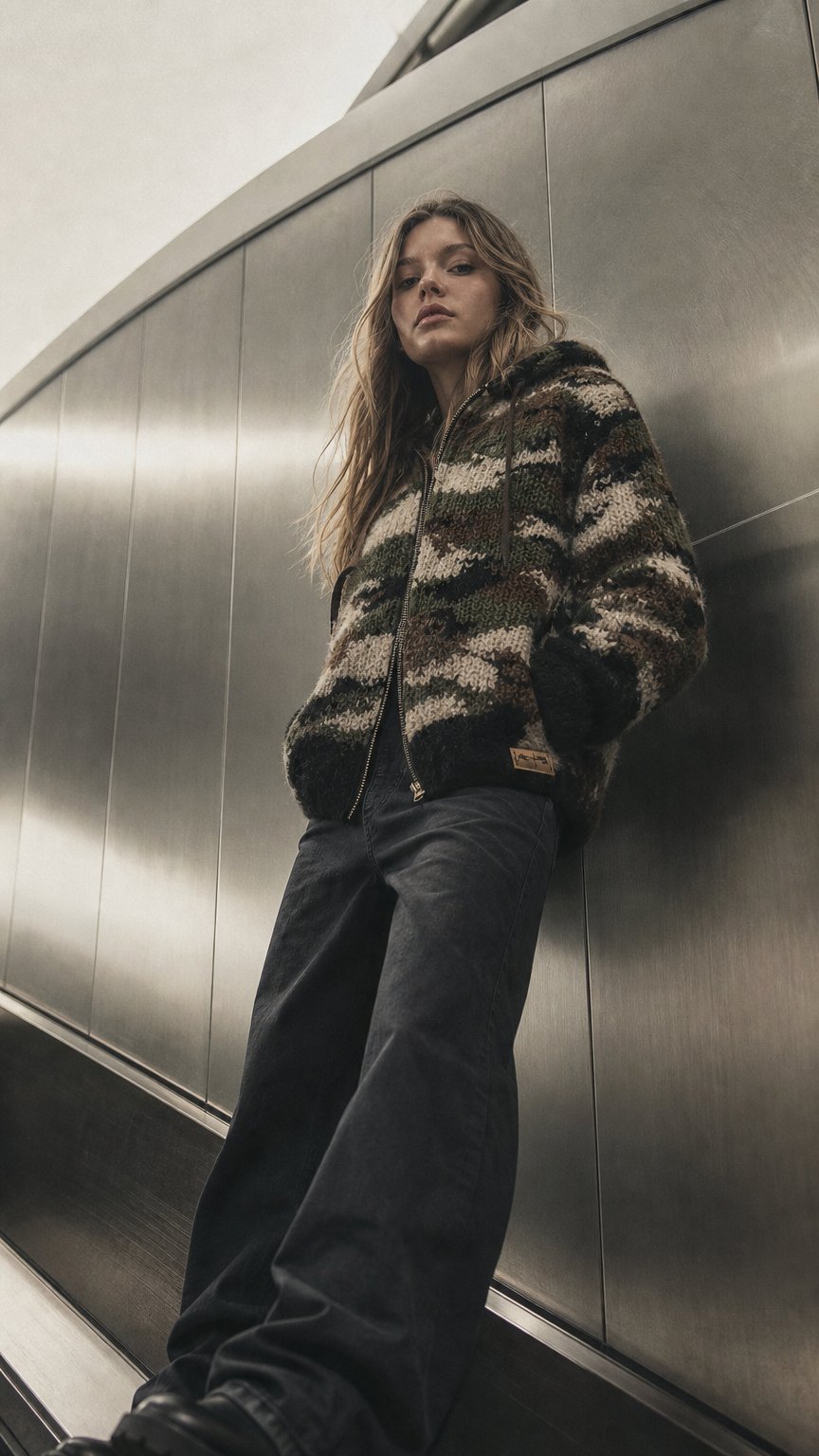 AI product shot of Baby Alpaca Camo Knit Bomber
