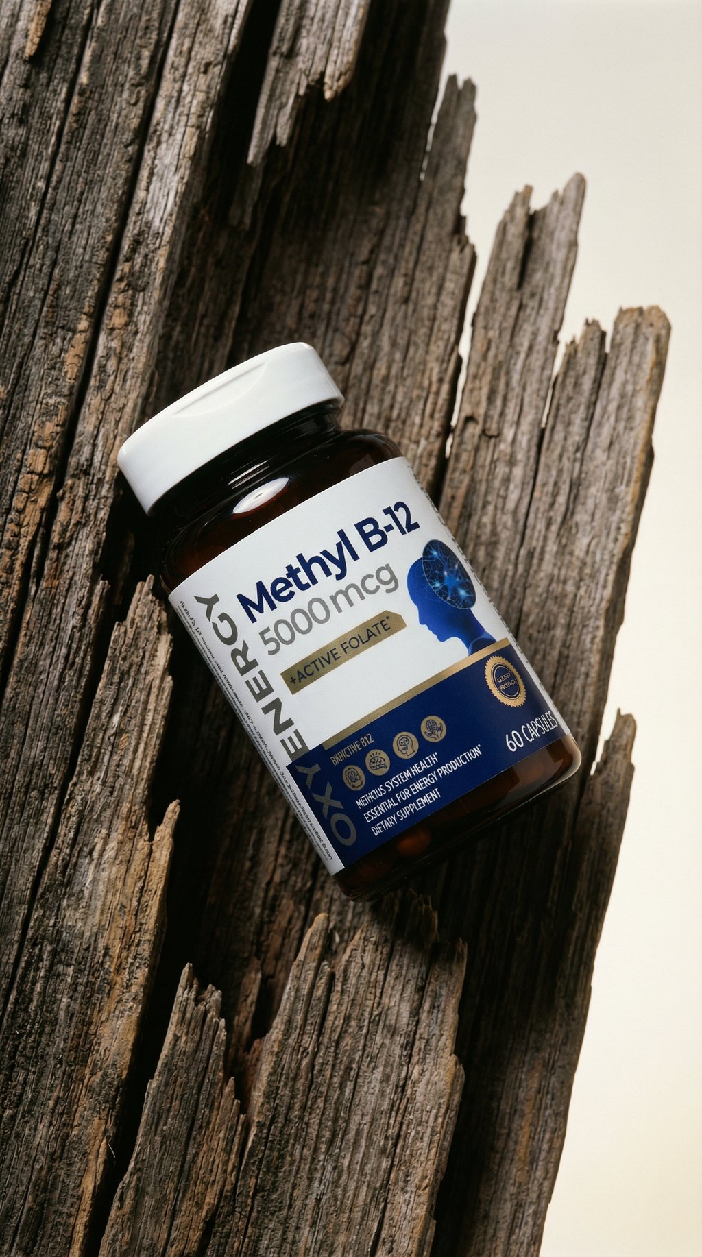 AI product shot of OxyEnergy Methyl Vitamin B12 5000mcg, Extra Strength Methylcobalamin B-12 Supplements with Folate, Support Nerves, Energy Metabolism & Cognitive, 60 Capsules