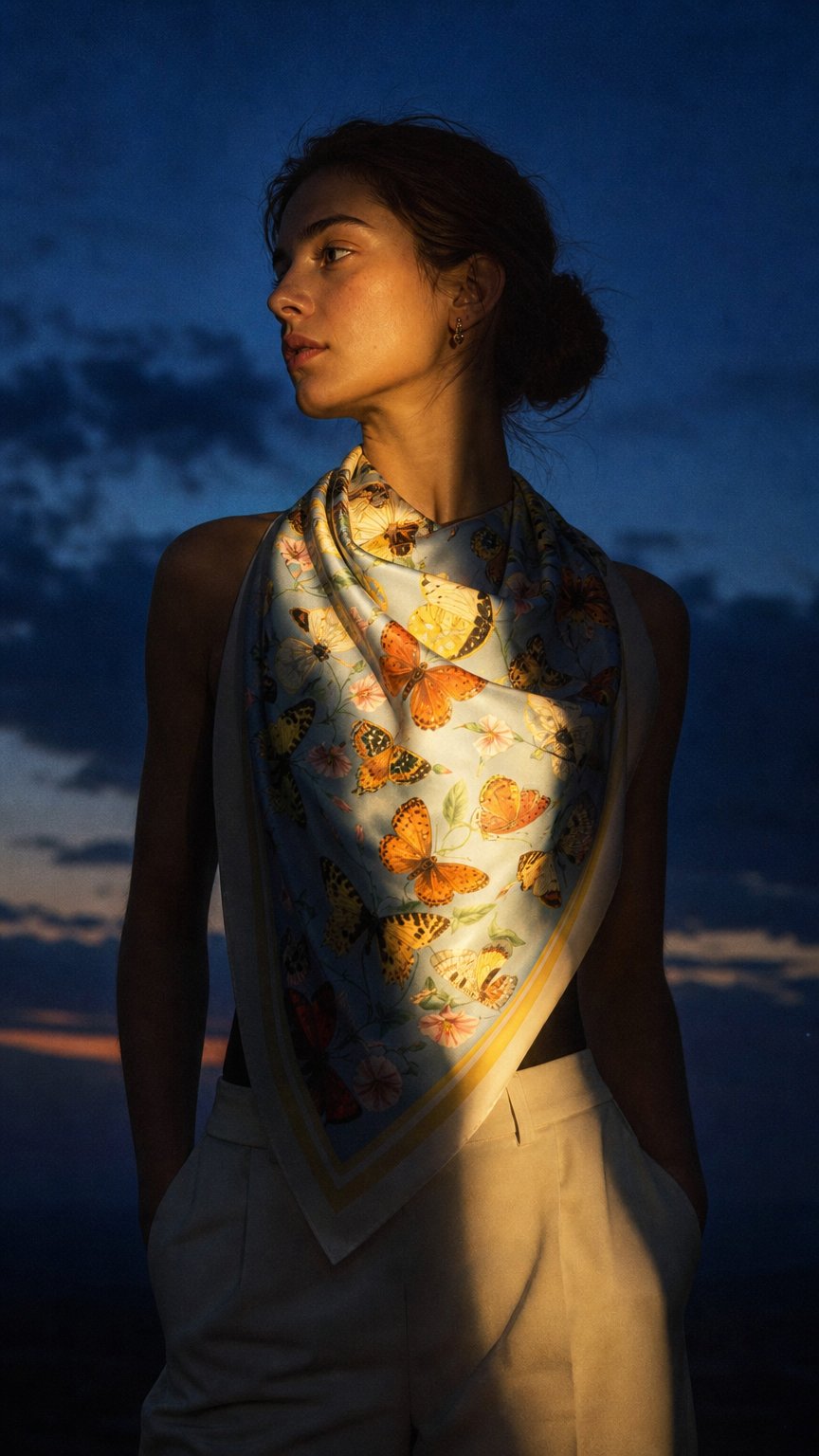 AI product shot of The Butterfly Escape Silk Square Scarf