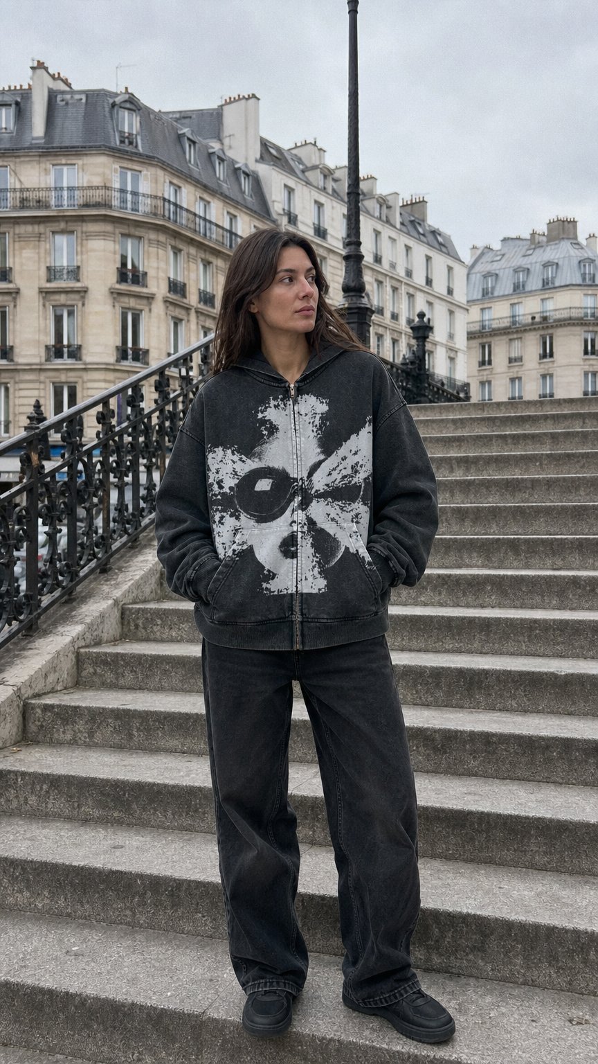 AI product shot of Flower Lady 440GSM Double-zip Hoodie