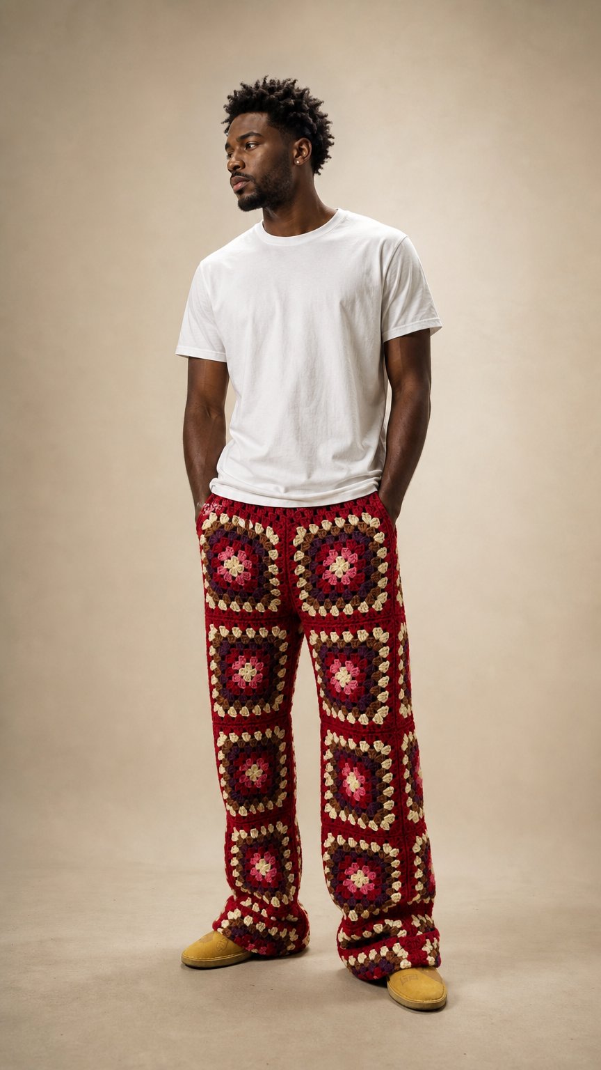 AI product shot of Men’s Crochet Granny Square Pants