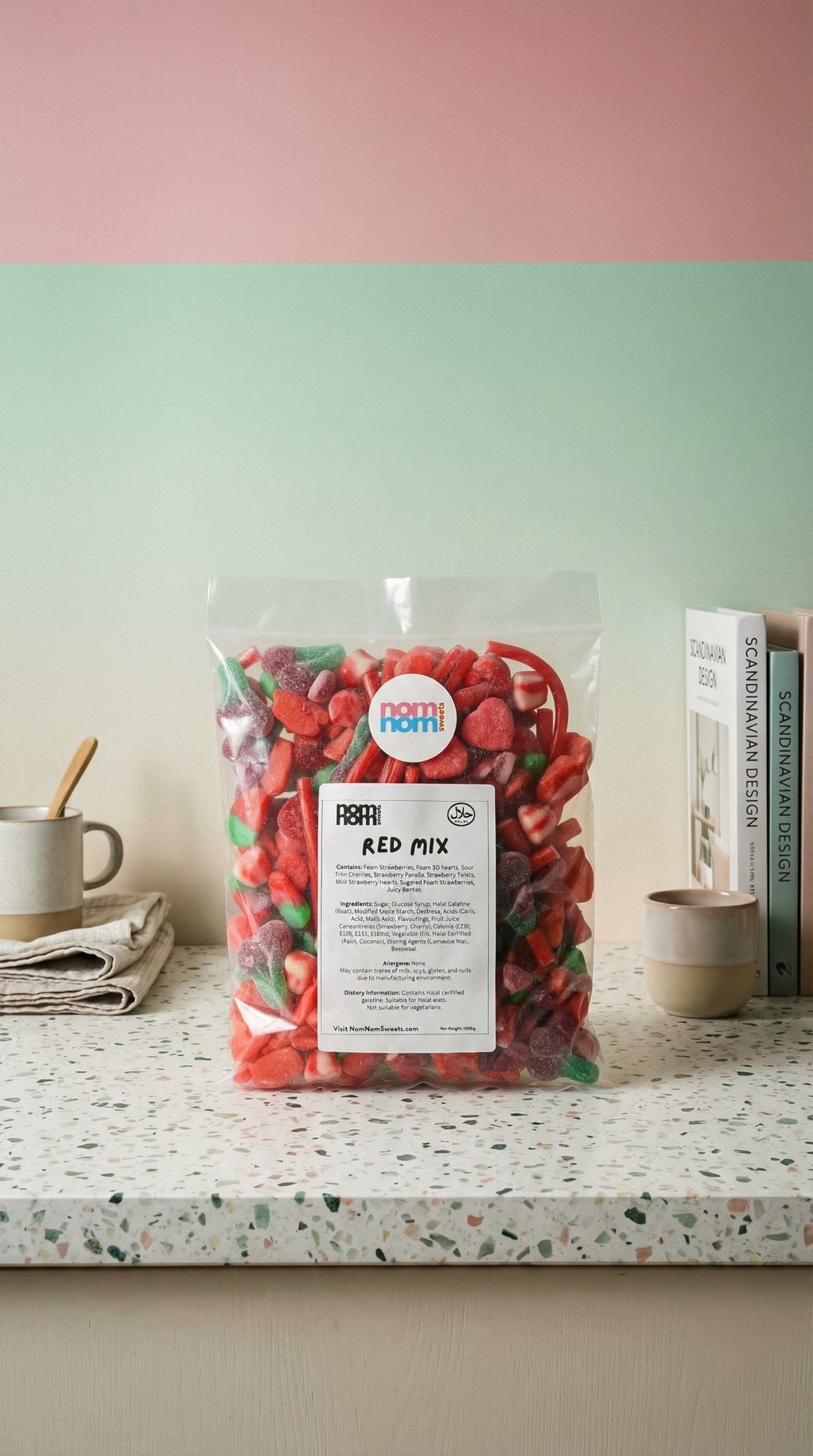 AI product shot of Red Mix – 1kg Signature Sweet Bag | Strawberry, Cherry & Raspberry Sweets