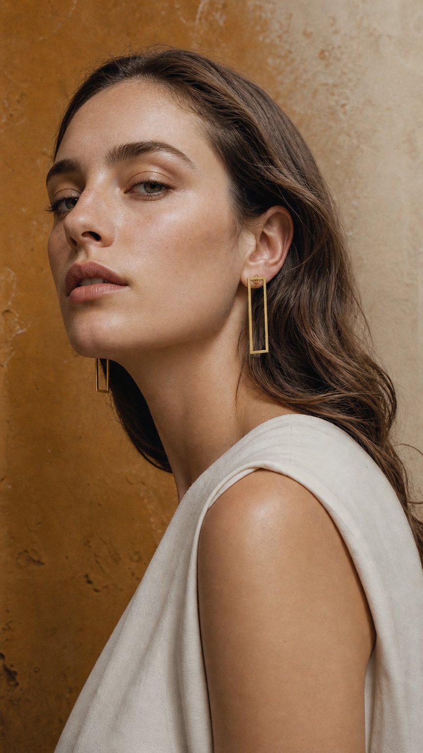 AI product shot of 18k Gold Rectangle Earrings