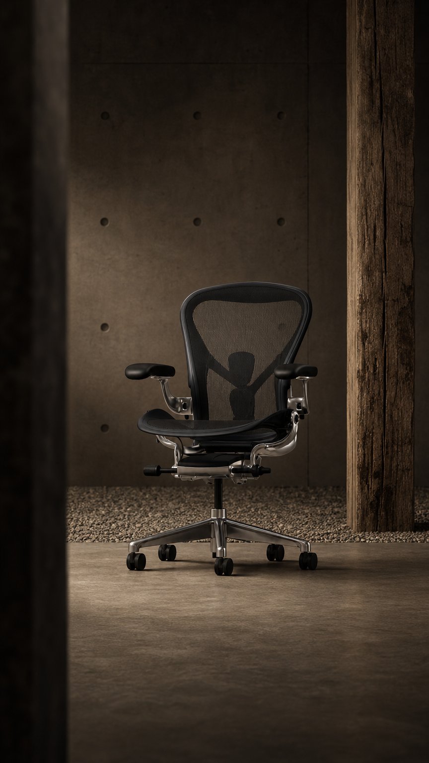 AI product shot of Herman Miller Aeron – Maat C – Nightfall Gepolijst Aluminium Upgrade