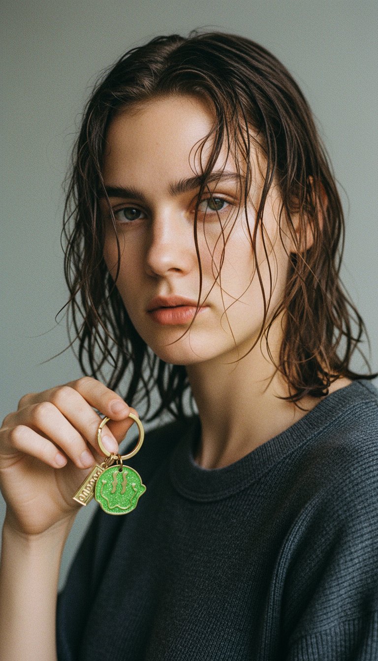 AI product shot of SMILEY GLITTER CHARM - GREEN