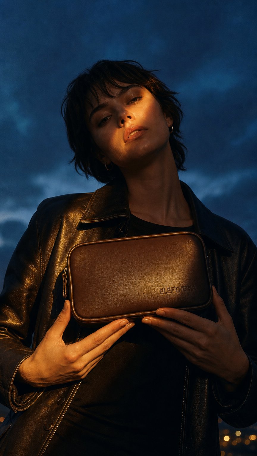 AI product shot of Handheld Bag in Dark Brown Leather- No1