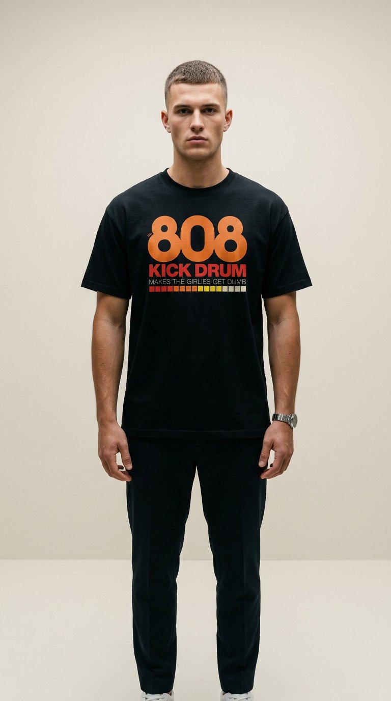 AI product shot of The 808 Kick Drum Makes the Girlies Get Dumb – Shirt