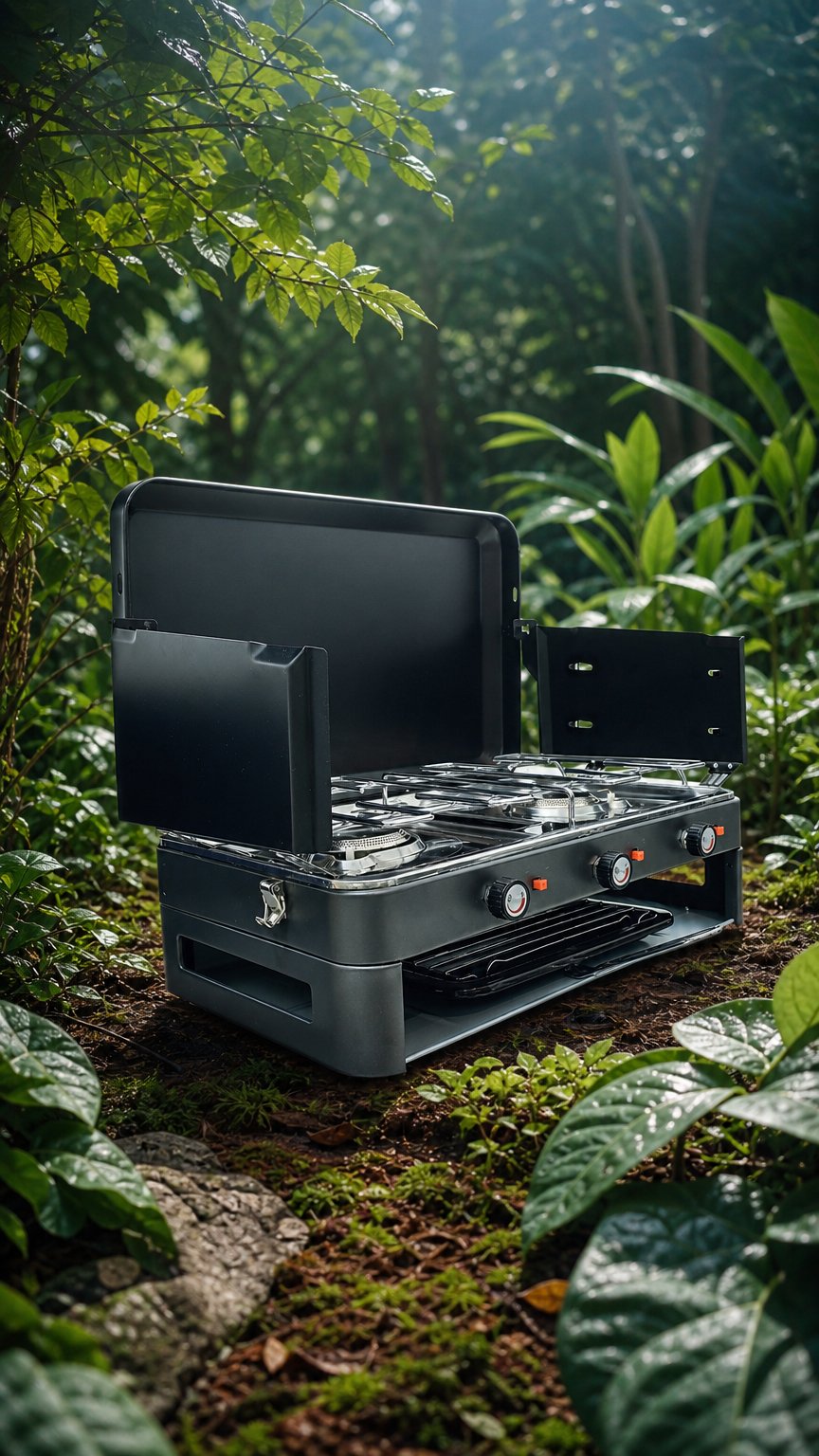 AI product shot of Zempire 2 Burner Deluxe & Grill Camping Stove