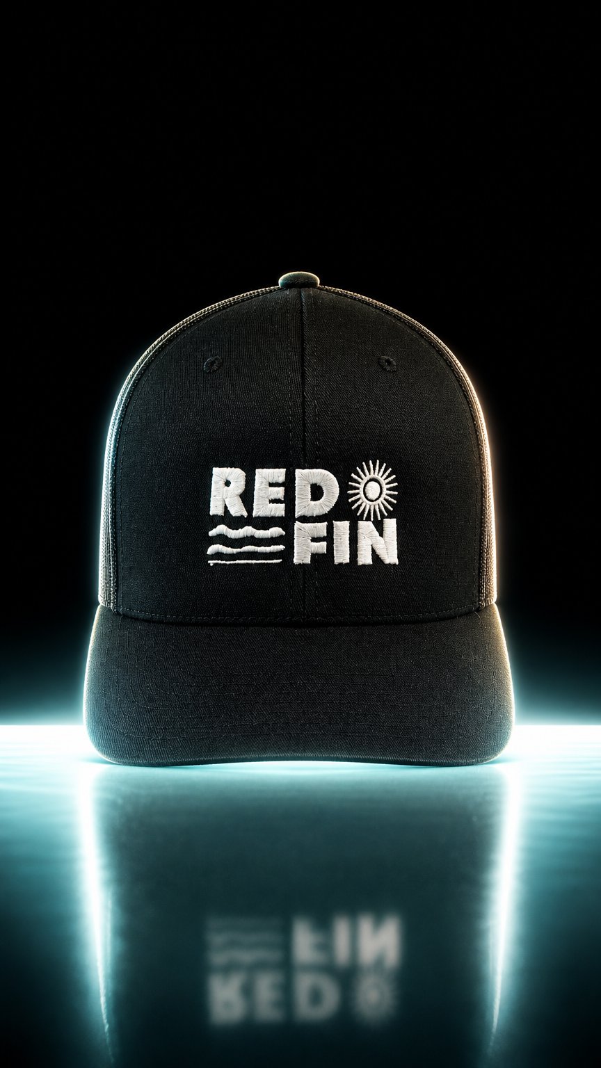AI product shot of Red Fin Retro Trucker cap - White Logo on Black