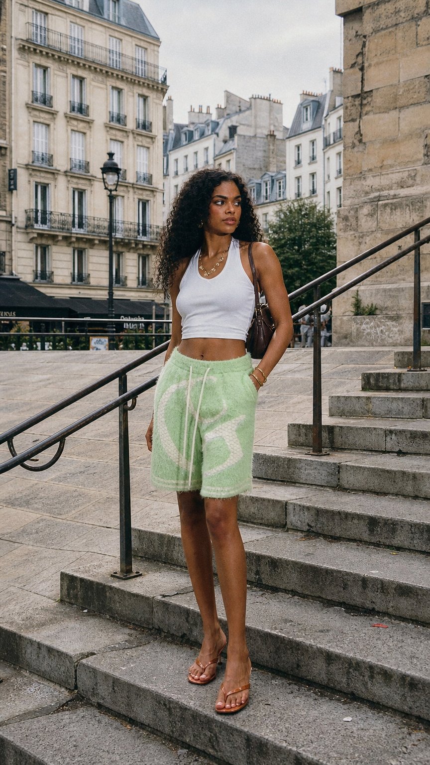 AI product shot of Matcha Mohair Short (Matcha/Ivory)