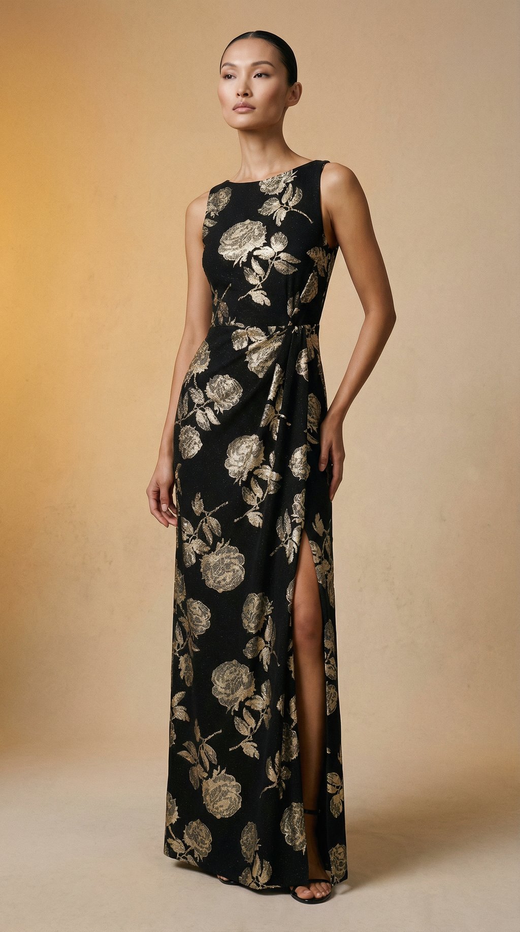 AI product shot of Metallic Rose Floral Halter Gown In Black Gold