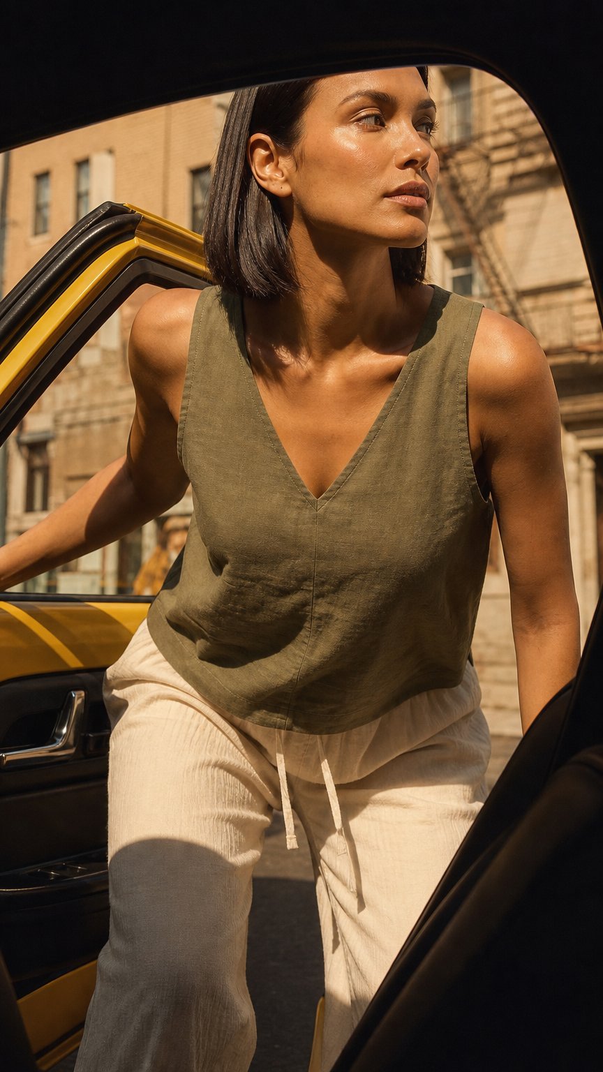 AI product shot of Linen Wide Strap Tank Top - Olive Green