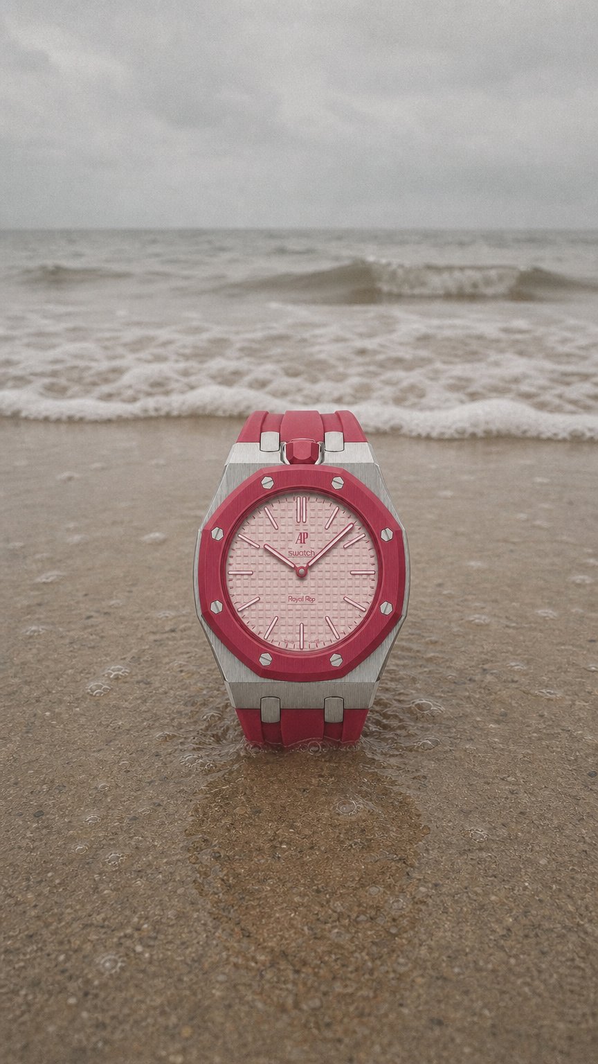 AI product shot of Red Steel Case & Rubber Strap — for AP × Swatch Royal Pop (Crown at 12)