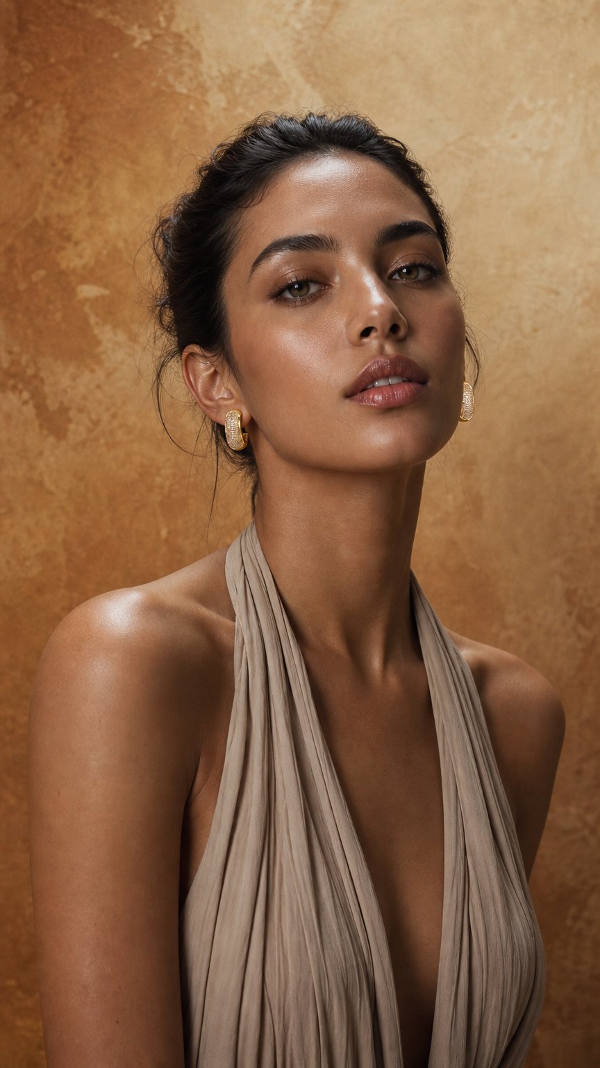 AI product shot of Champagne Brown Diamond Huggie Hoop Earrings, Chunky Pavé Hoops in 14K Gold Vermeil Sterling Silver, Natural Diamond Earrings