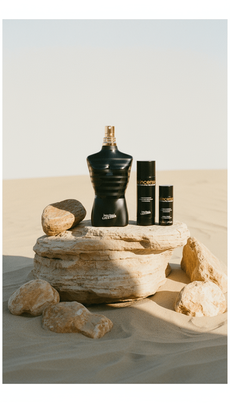 AI product shot of LE MALE LE PARFUM - scented Handmade Bodycare Bundle