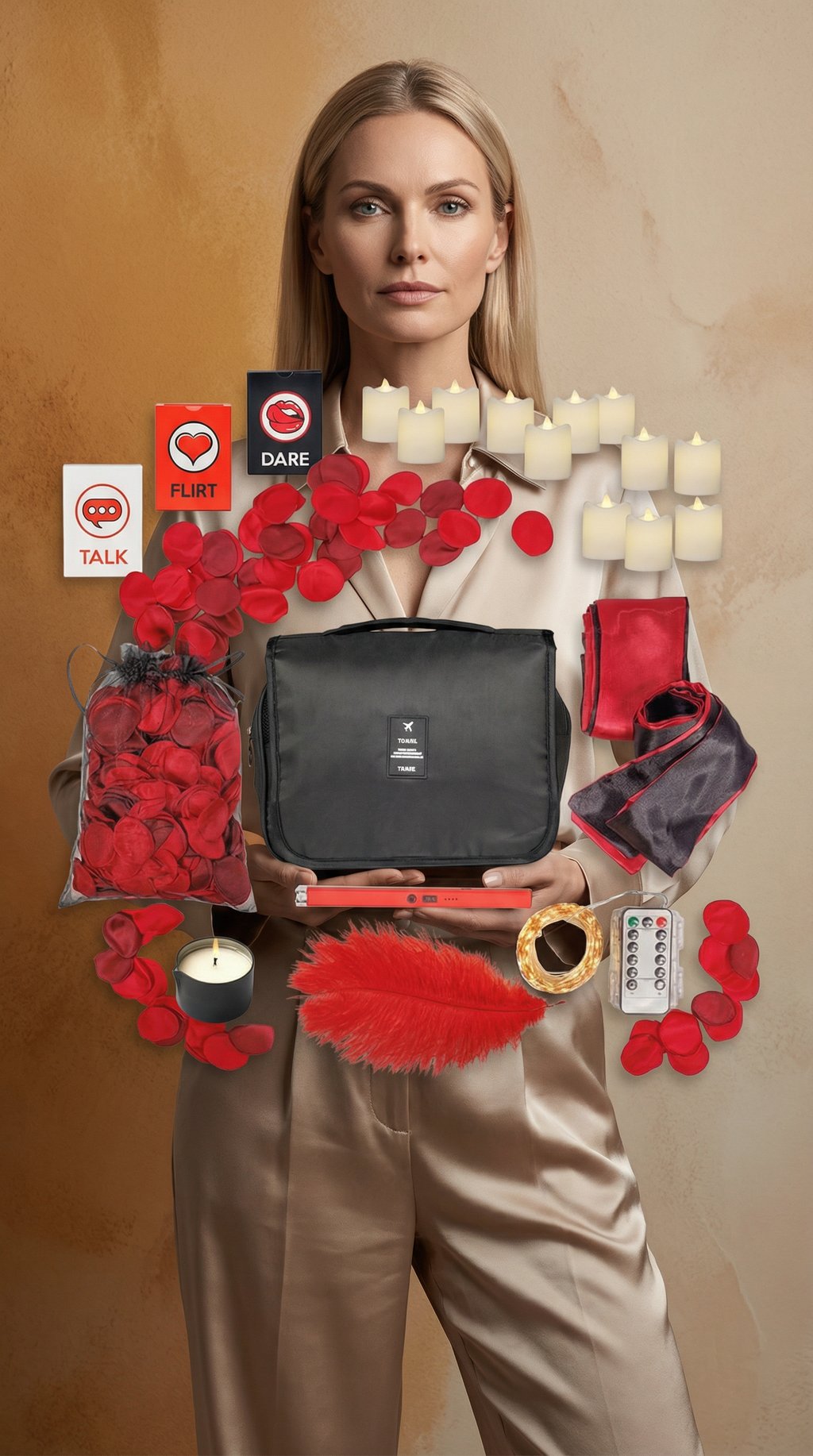 AI product shot of Travel Romance Kit with Candles, Petals, Fairy Lights & Couples Date Night Game