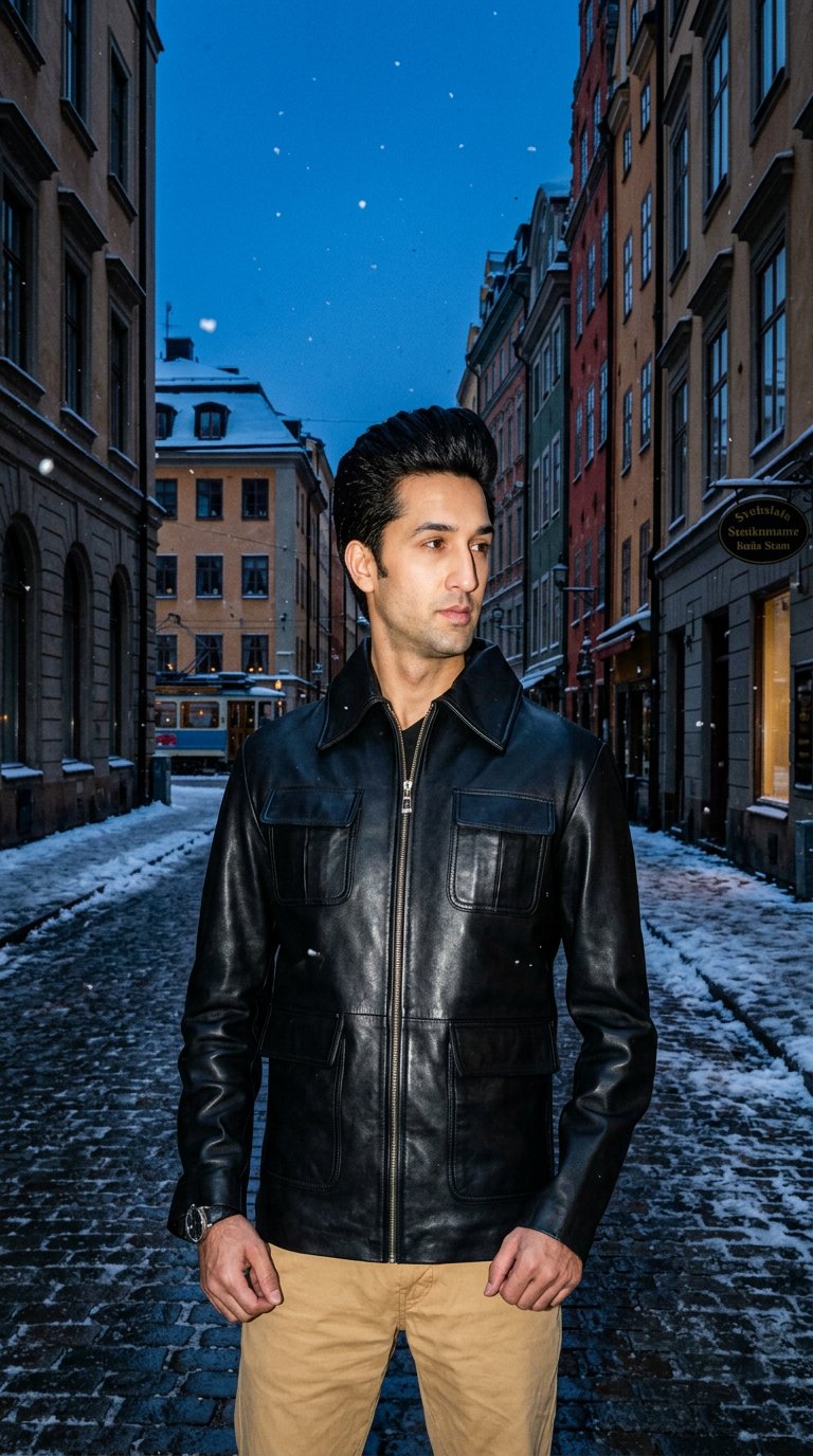 AI product shot of Raven Black Leather Jacket